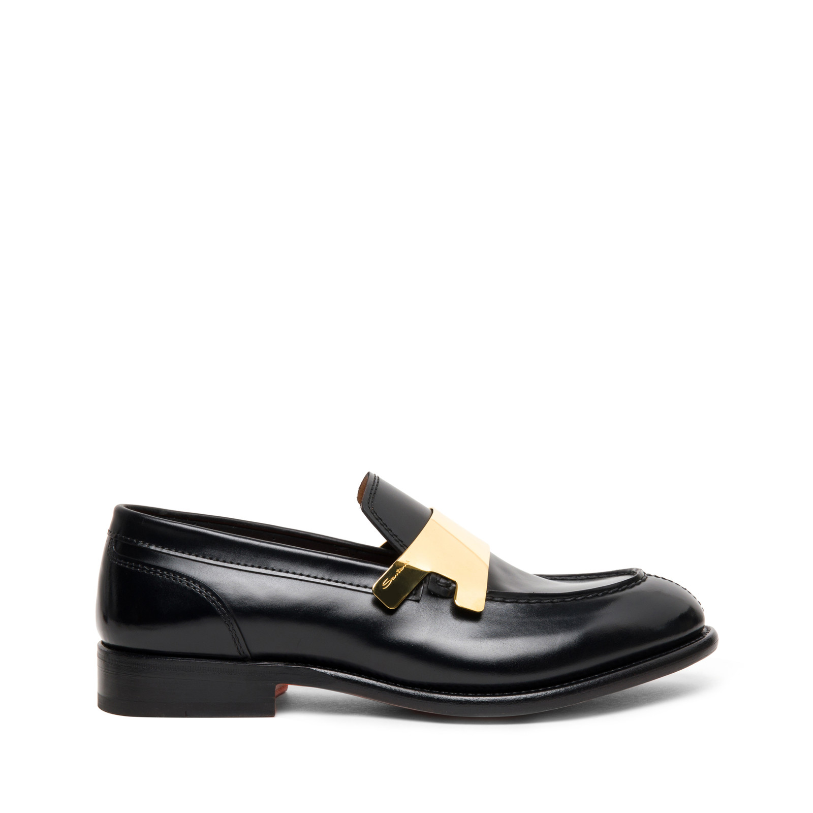 حذاء Loafer من  Santoniمن الجلد أسود ببكلة معدنيّة باللون الذهبي